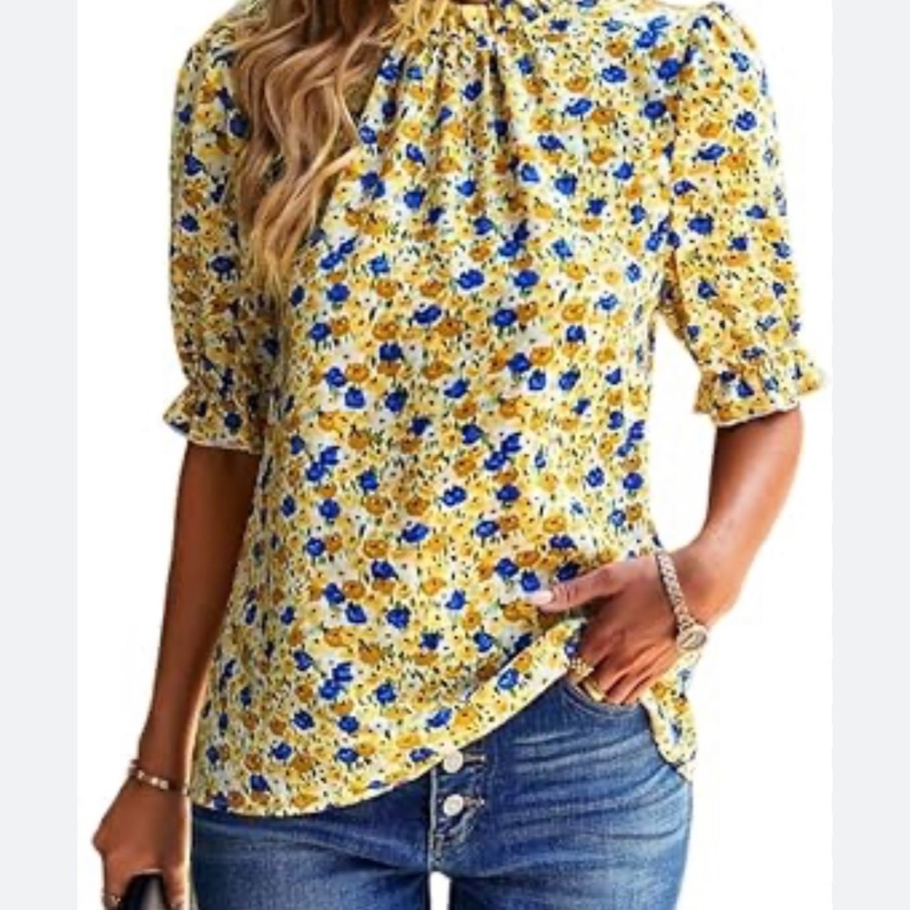 Womens retro Mock Neck Chiffon Lattern Puff Sleeve Floral shirt NWT